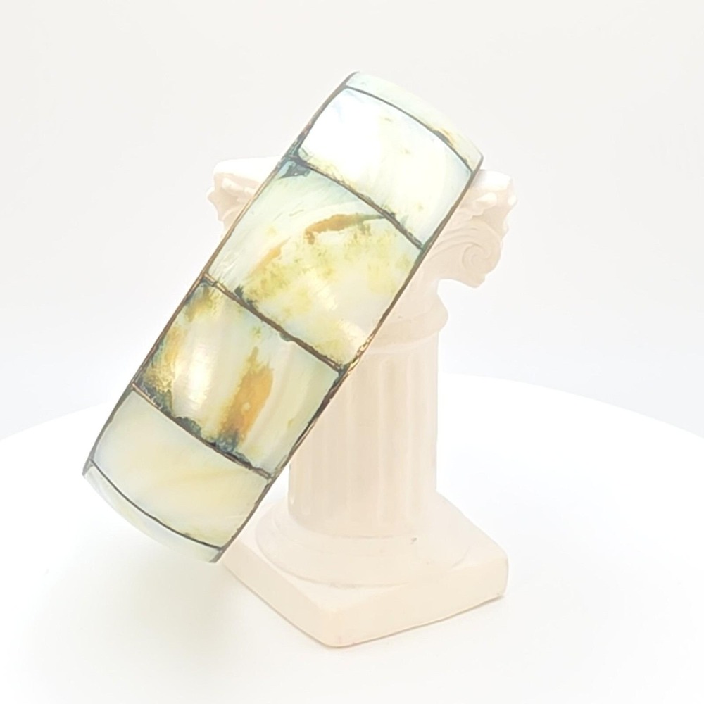 Vintage Mother Of Pearl Inlay Bracelet Wide Brass Bangle 8.5" FREE‎ $HIPPING!! - Picture 3 of 16